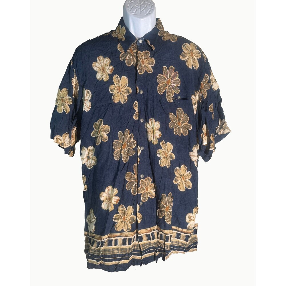 PIERRE CARDIN Men's Short Sleeve Button Down Rayon Floral Shirt Blue‎ Large